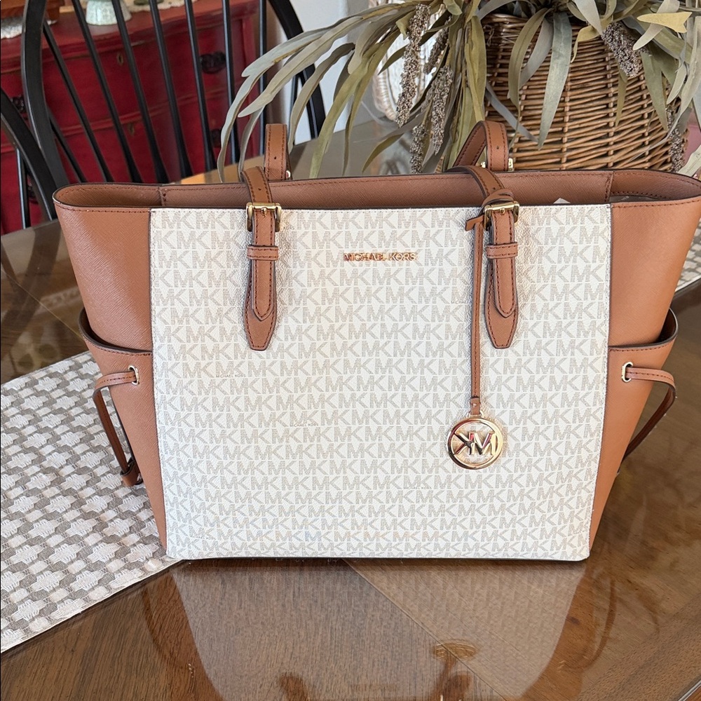Michael Kors White Logo and Brown Leather Tote